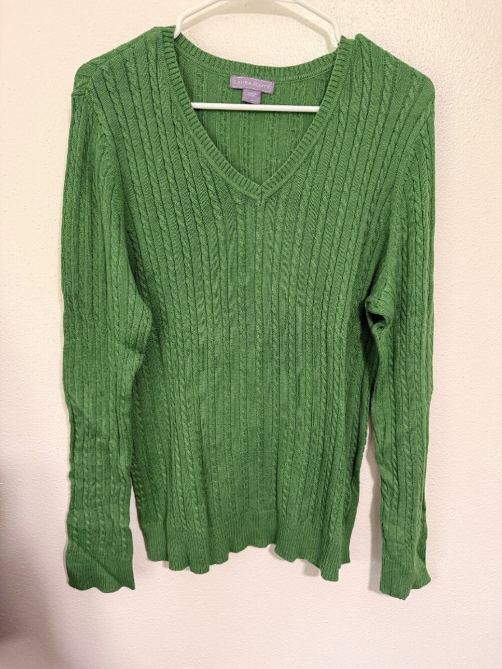 Laura Scott Sweater Green V Neck Cable Knit Womans L